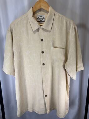 Three Palm Brand Men’s M 100% Silk Hawaiian Shirt Beige Palm Tree Resort Camp